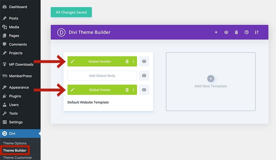 DIVI Theme Builder. How to edit the global header and footer.