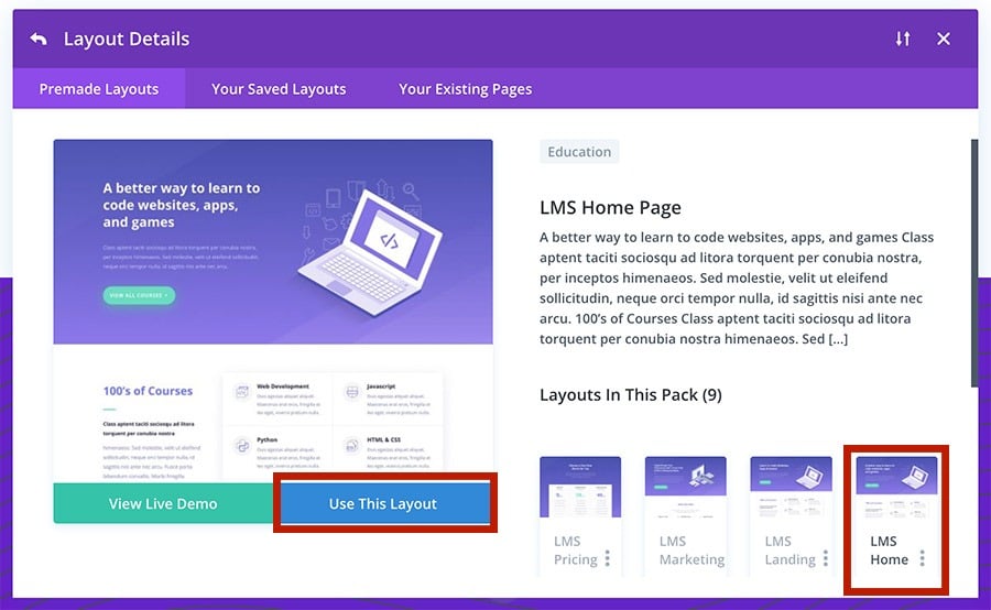 LMS Home Page selection in the DIVI builder