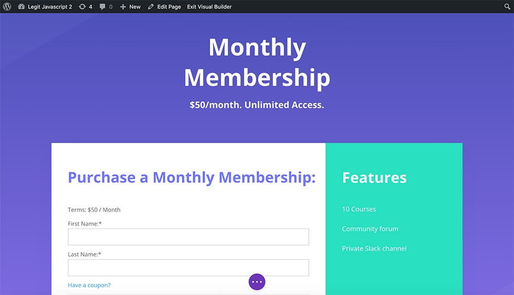 Monthly membership page in DIVI