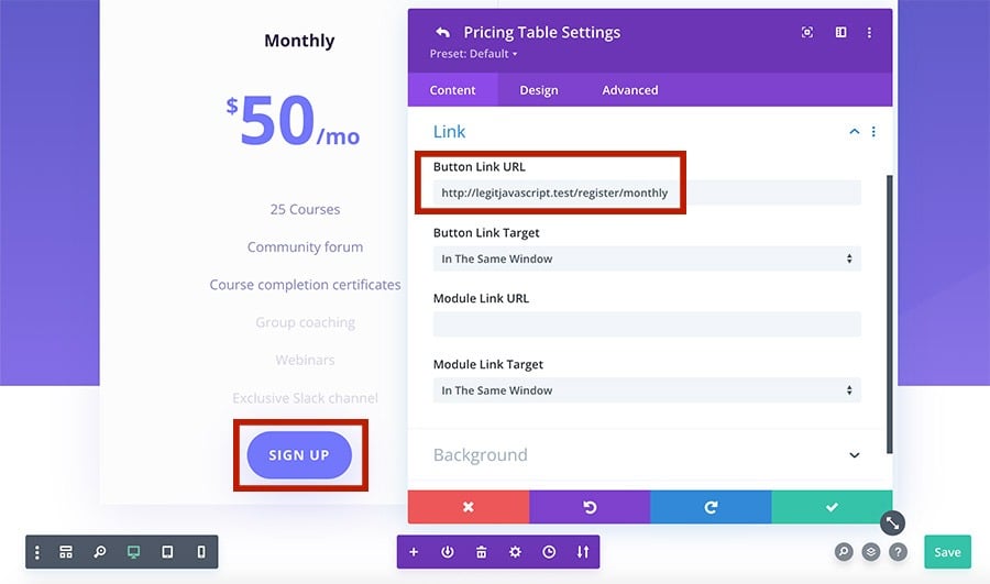 Linking a membership registration page to a pricing page sign up button with DIVI.