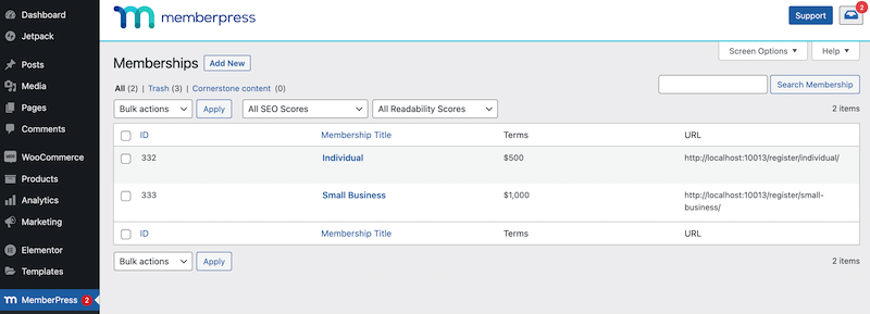 Memberships on the WordPress dashboard. 