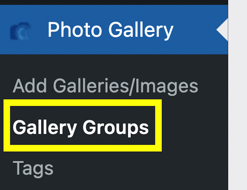 The Gallery Groups option under Photo Gallery on the WordPress dashboard. 
