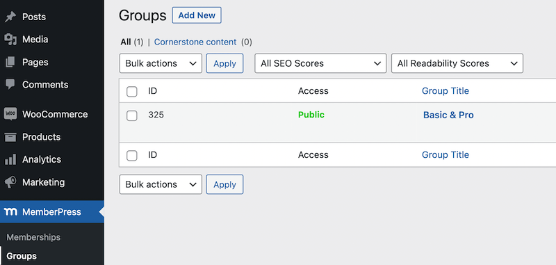 The Groups tab on MemberPress. 