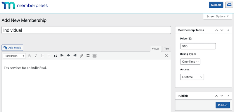 Creating a new membership in WordPress with MemberPress. 