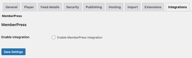 screenshot to enable memberpress integration in seriously simple podcasting plugin