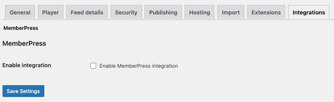 captura de pantalla para habilitar la integración memberpress en serio simple podcasting plugin