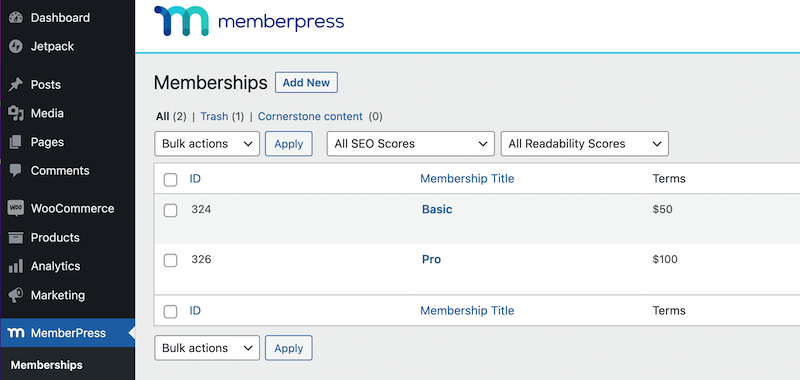 The WordPress dashboard with MemberPress activated