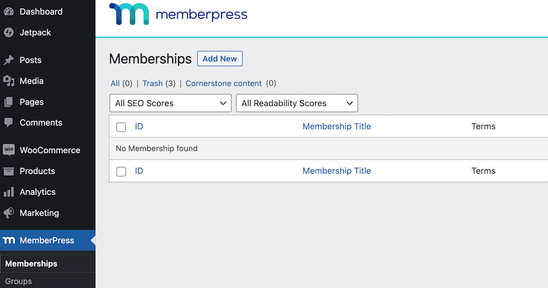 The Memberships page on MemberPress