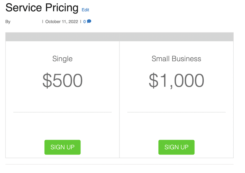 A preview of the pricing page on the front end of WordPress. 