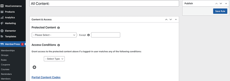 Setting up rules in MemberPress. 