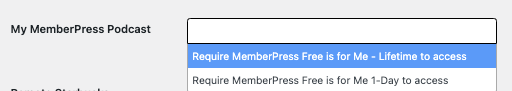 captura de pantalla para seleccionar el nivel de membresía para el podcast sólo para miembros en el plugin de castos podcasting seriously simple