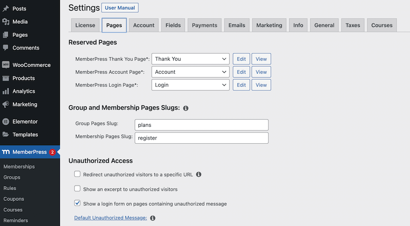 The Pages tab in MemberPress. 