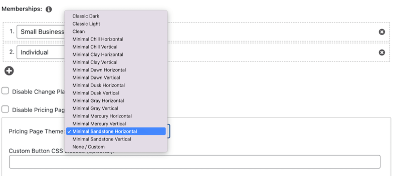 A display of the Pricing Page THeme options. 