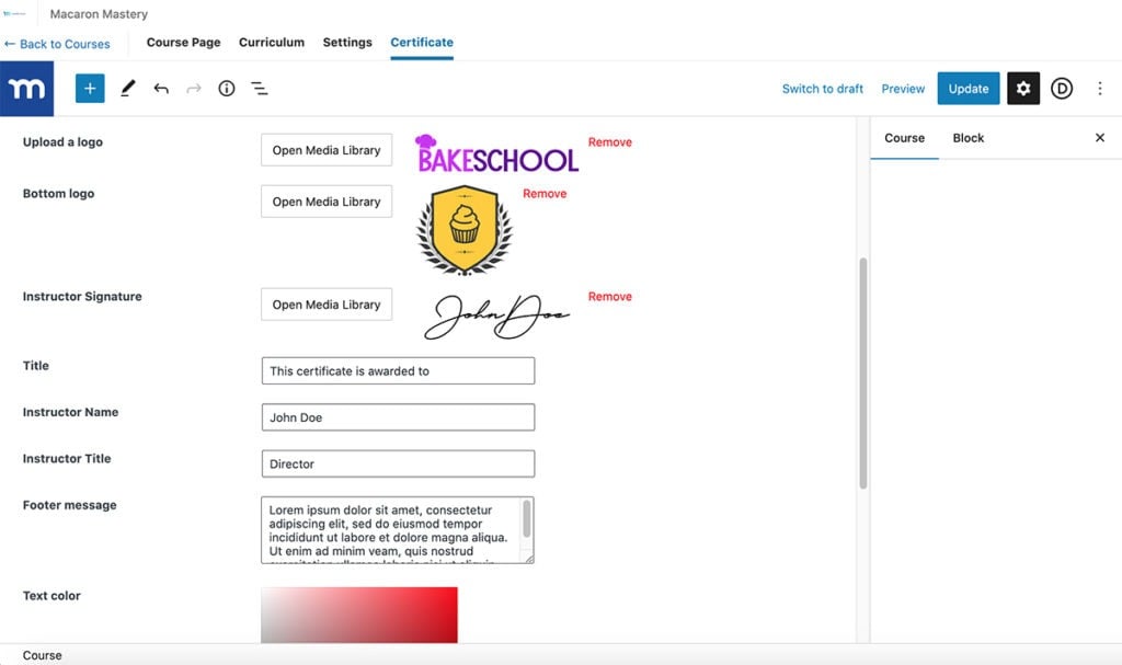 MemberPress Course Certificates settings