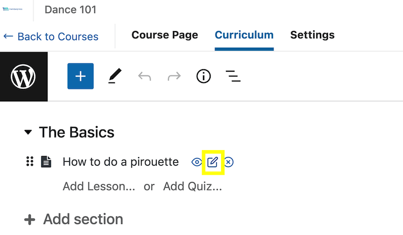 Highlighting the lesson edit button on the WordPress page builder. 