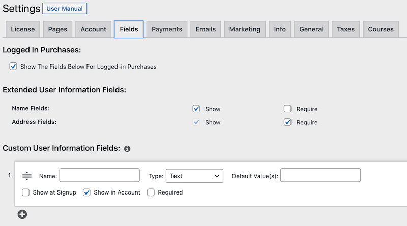 The Fields tab in Settings. 