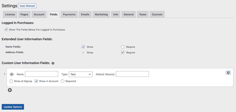 The Fields tab in WordPress. 