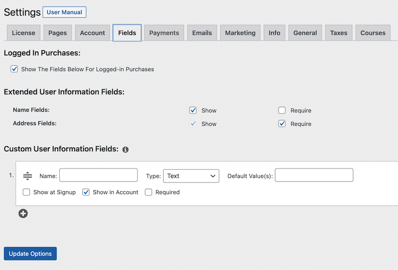 The Fields tab in WordPress. 