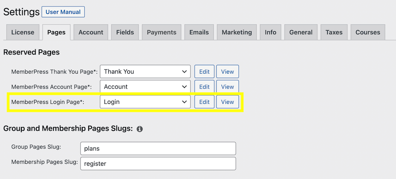 Highlighting the MemberPress Login Page field in the Pages tab