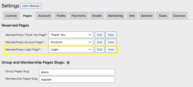 Highlighting the MemberPress Login Page field in the Pages tab. 