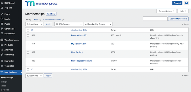 The Membership tab on the WordPress dashboard. 