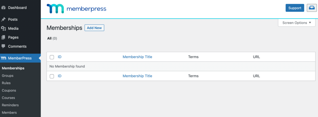The Memberships tab in WordPress. 