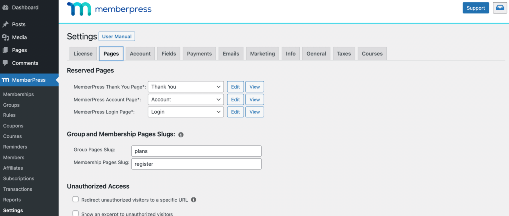 The Settings tab under MemberPress. 