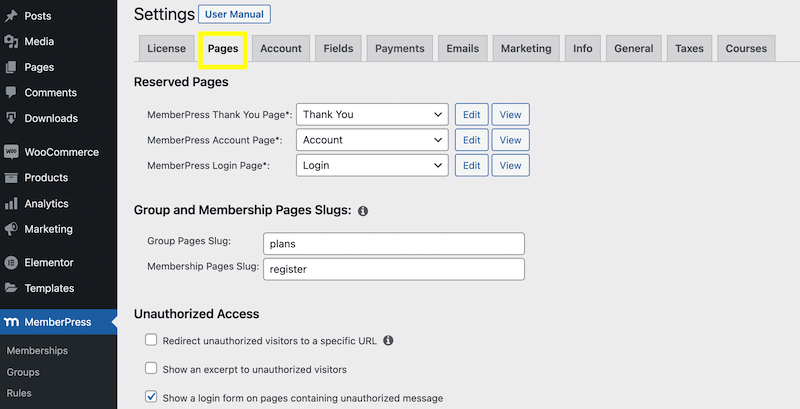 The Pages tab in MemberPress settings