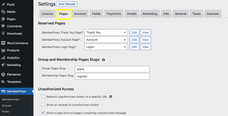 The Pages tab in MemberPress settings. 