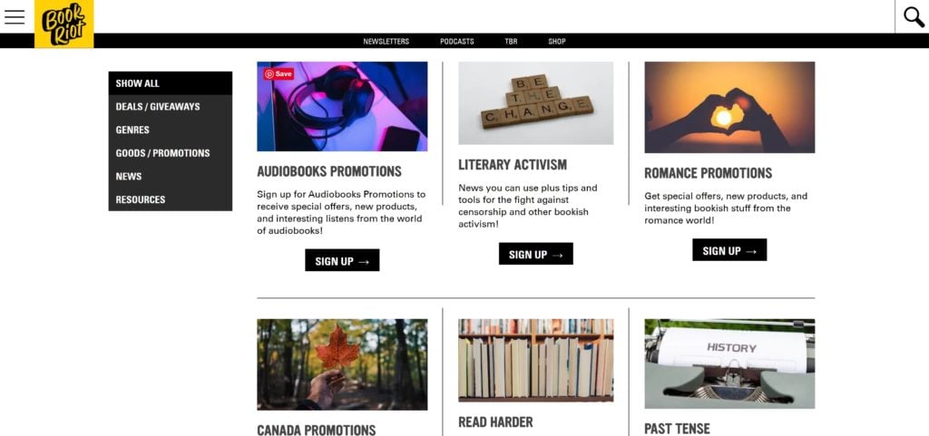 Book Riot newsletter subscription page