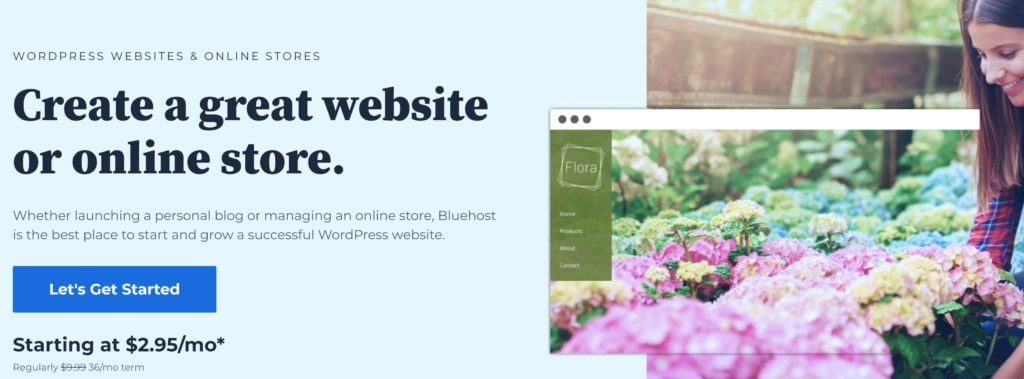 Screenshot of the WordPress website page on Bluehost.com