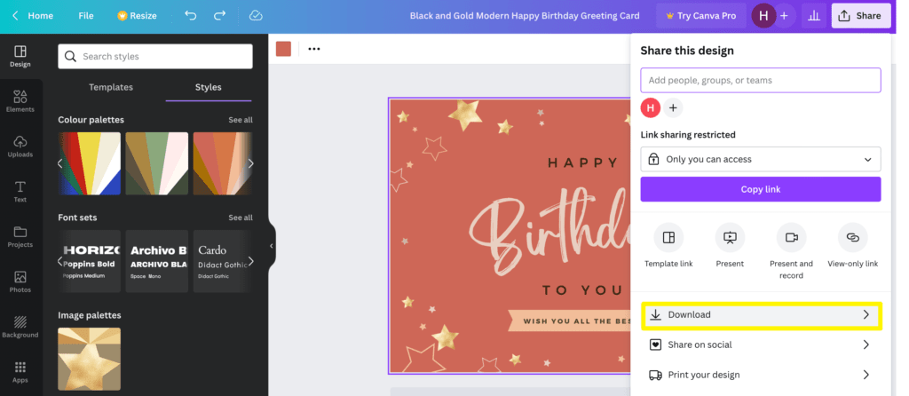 Download your online greetings card from Canva