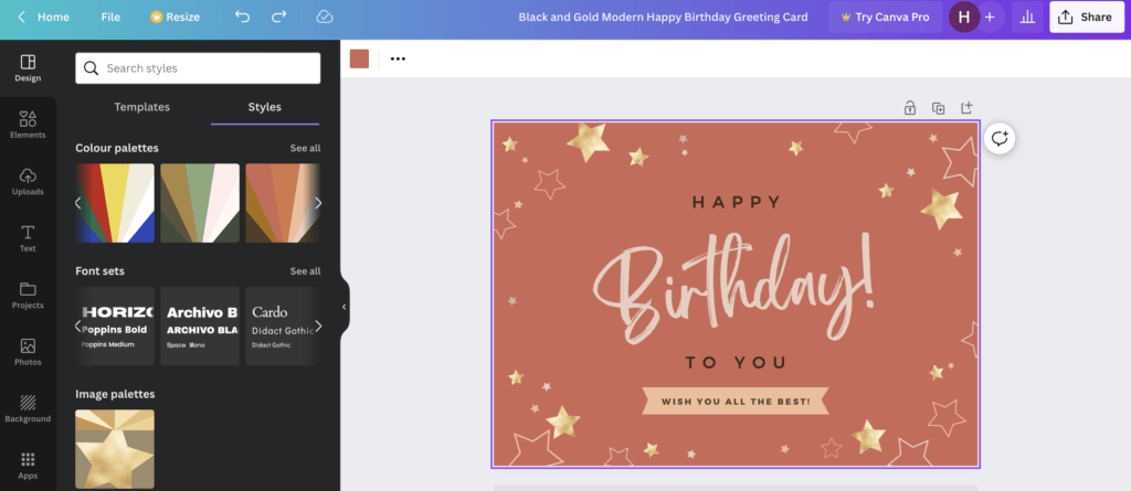 Editing a greeting card in Canva