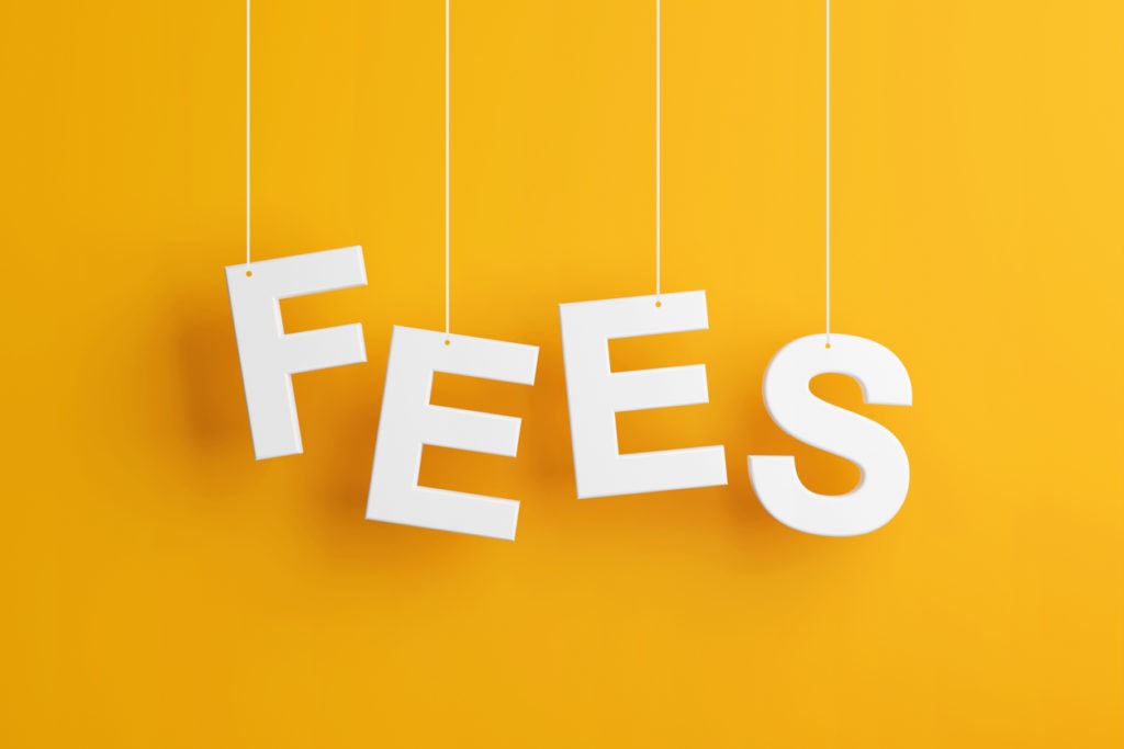 The word"fees" hanging over a yellow background