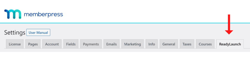 Close up of ReadyLaunch™ tab in MemberPress settings