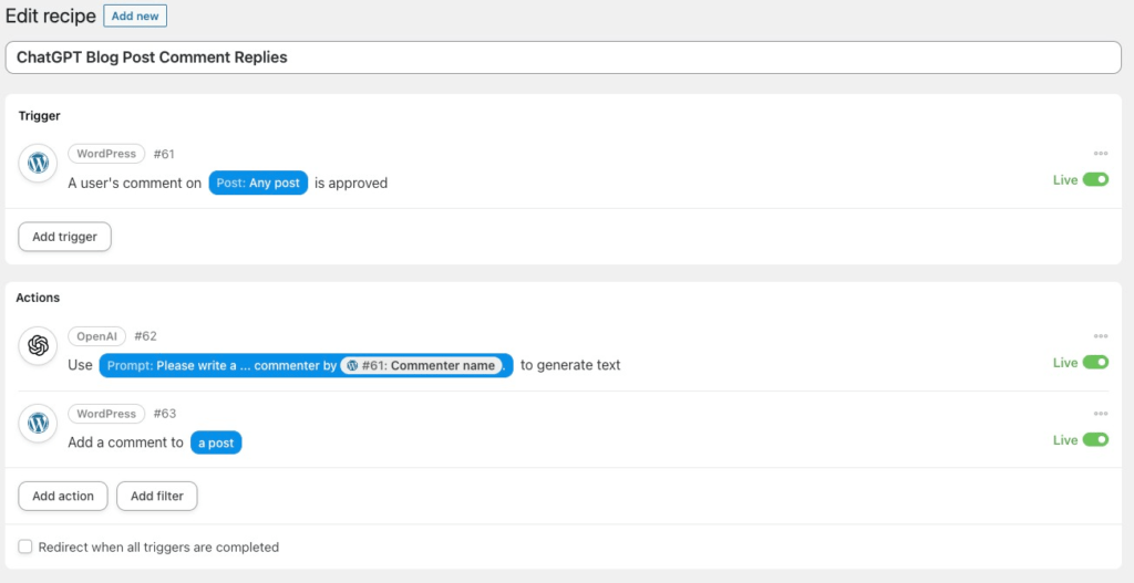 Screenshot of Uncanny Automator Recipe for WordPress comment replies with ChatGPT