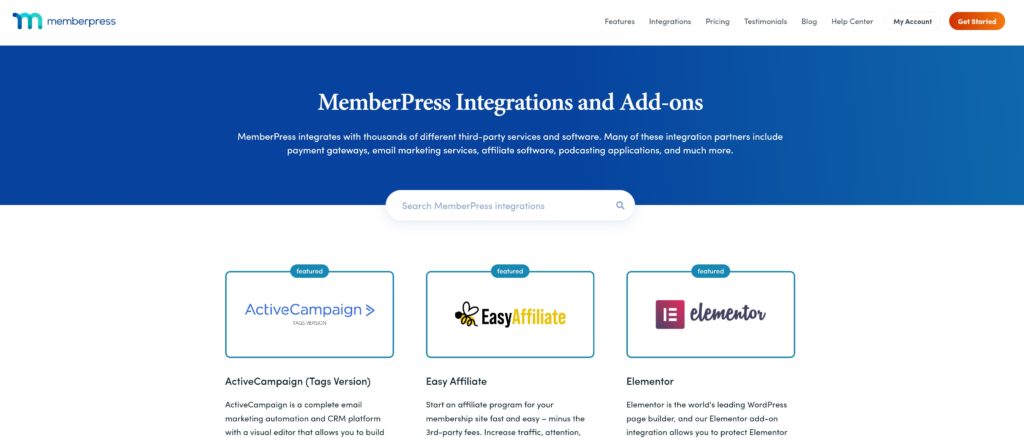 MemberPress integrations and add-ons page screenshot