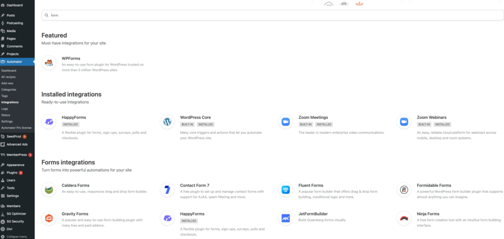 Captura de pantalla de las integraciones de creación de formularios de Uncanny Automator