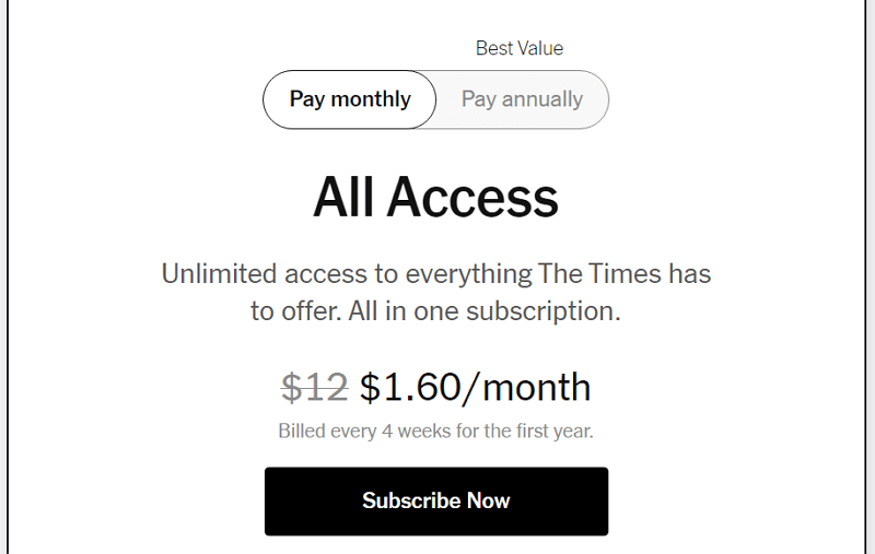 The New York Times subscription page