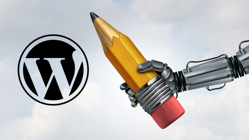 El logotipo de WordPress junto a un robot que sostiene un lápiz para ilustrar la creación de contenidos mediante IA.