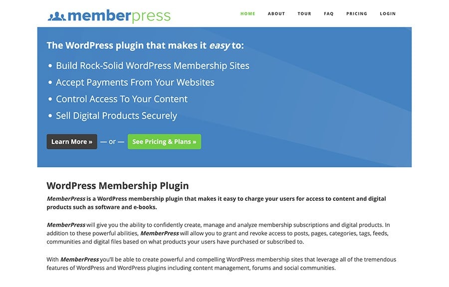 One of the original MemberPress.com homepages, circa 2013.