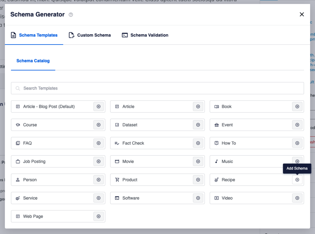 Schema Generator select Recipe schema