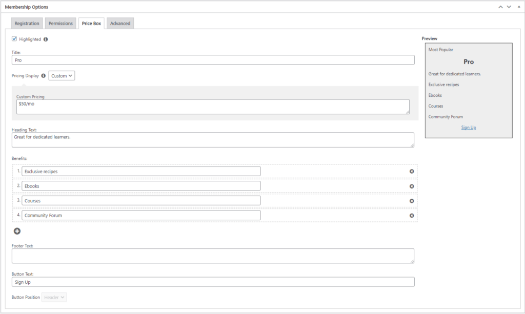 MemberPress Gruppen Preis Box