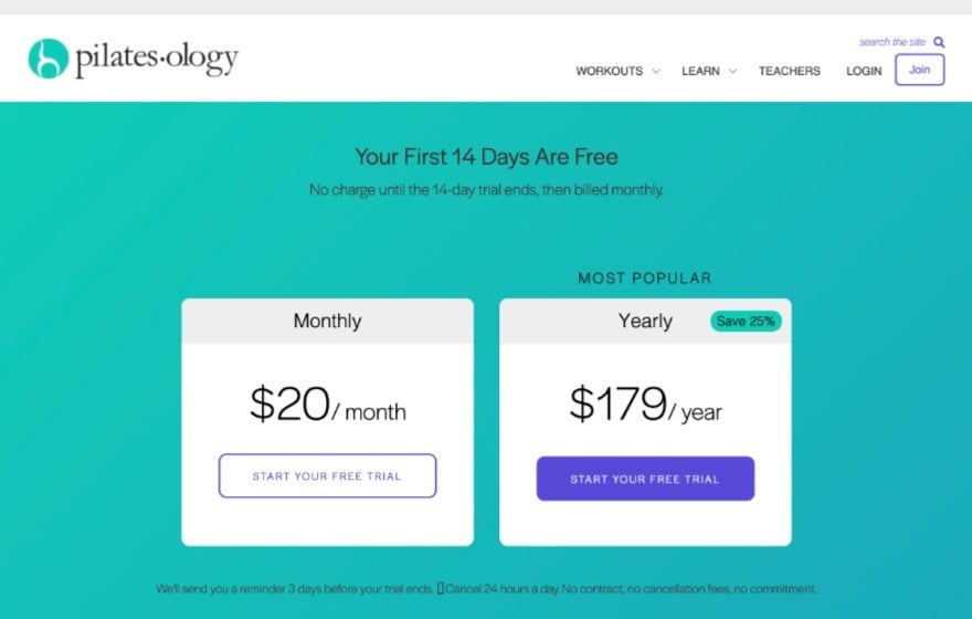 Pilatesology's pricing page
