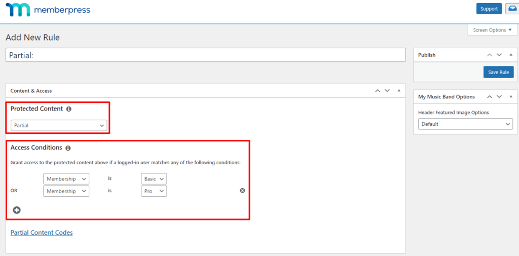 Crear una regla de acceso parcial con condiciones de acceso para widget mediante reglas MemberPress