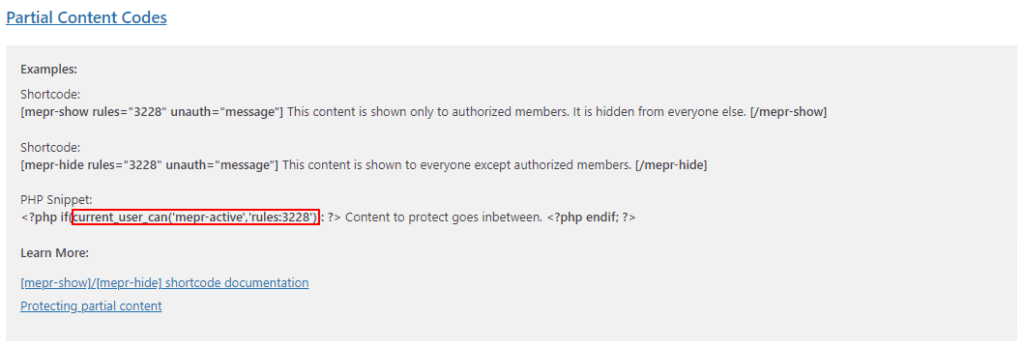 MemberPress Reglas PHP Snippet 