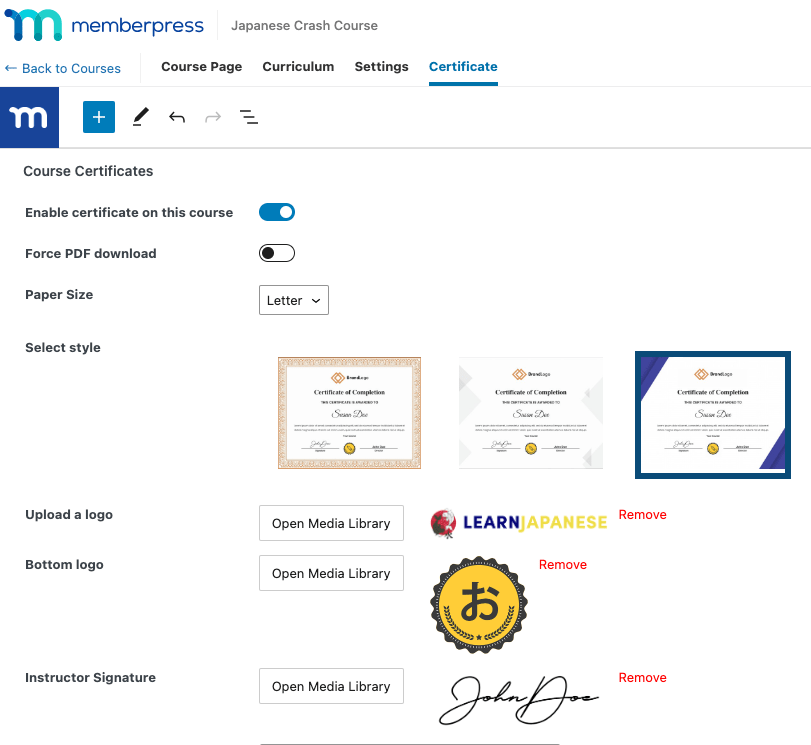 MemberPress Courses certificate settings