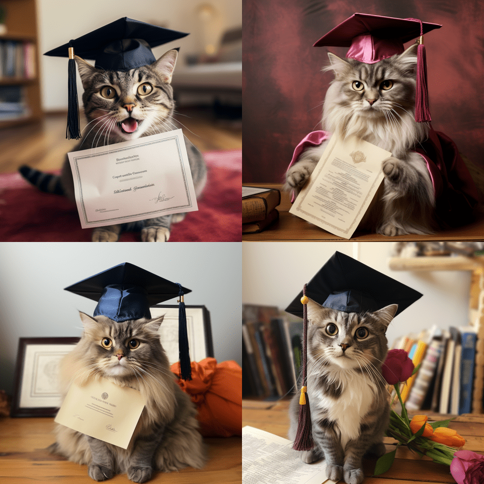 montage of cute cats with graduate certificates of completion