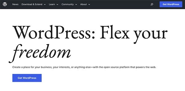 Page d'accueil de WordPress.org. Flexibilisez votre liberté.