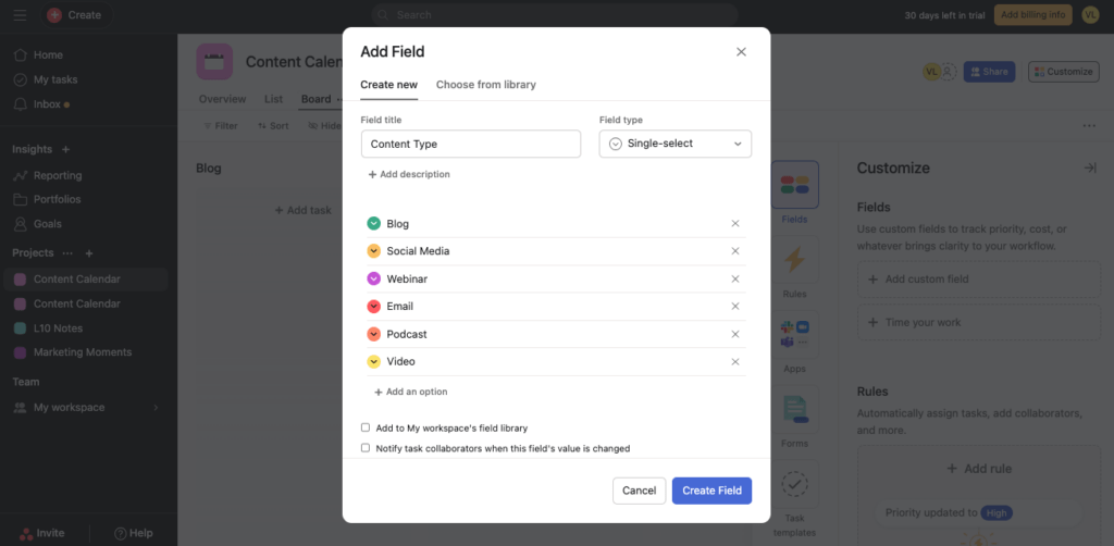 Add fields for content calendar in Asana